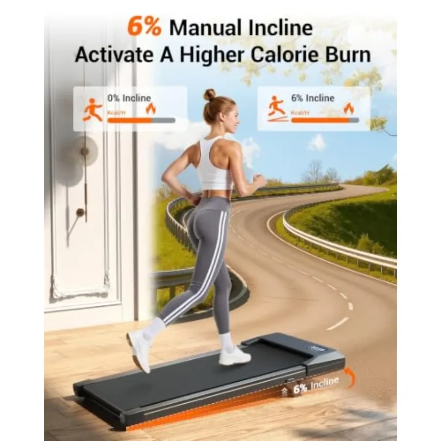 Under desk treadmill for walking, 6 incline, 300 lbs capacity, black ABS plastic frame, compact and quiet operation