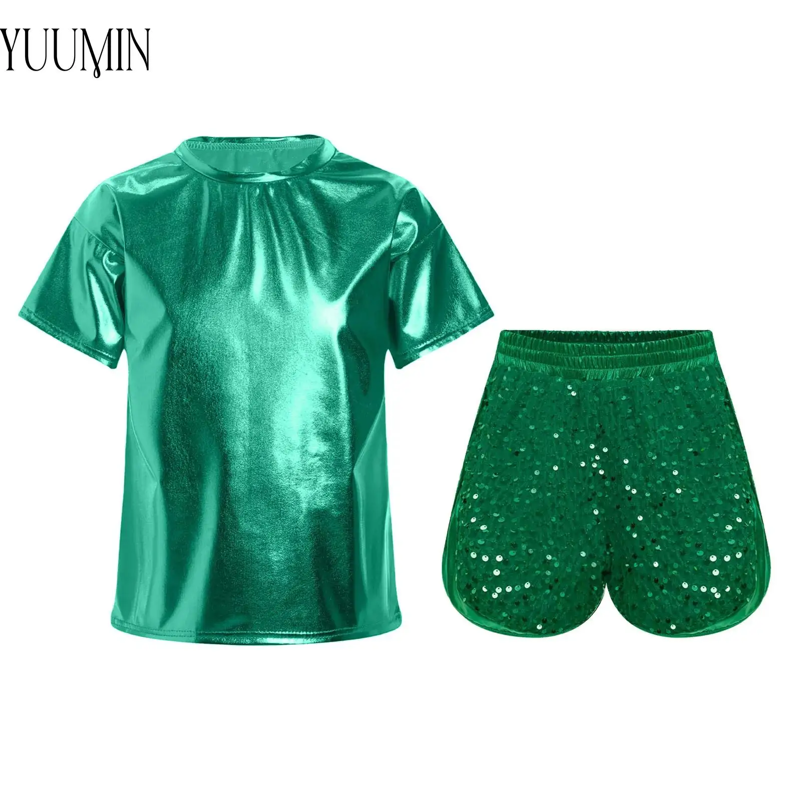 

Unisex Kids Jazz Dance Party Performance Outfits Sportswear Tops Short Sleeve Metallic Shiny T-shirt with Sequins Velvet Shorts