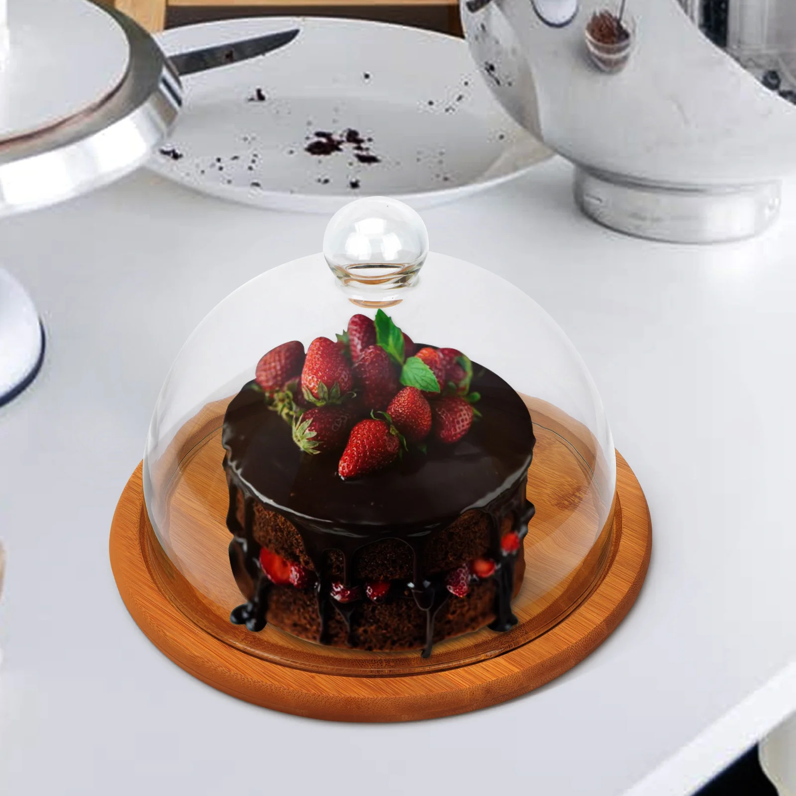 

Glass Cake Cover Holder Dust proof Food Lid Wood Fruit Tray Pastry Serving Kitchen Household Bread Long Use