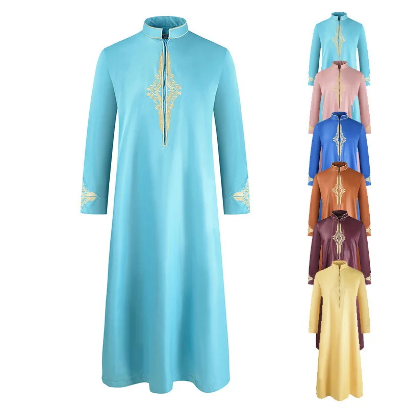 2024 Summer New Men\'s Robe Solid Color Embroidered Middle Eastern Muslim Long Sleeved Foreign Trade Robe