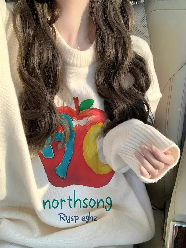 Maglione da donna morbido e pigro autunno inverno nuovo top coat lavorato a maglia delicato e allentato rotondo modello Ne Long Sve Cartoon