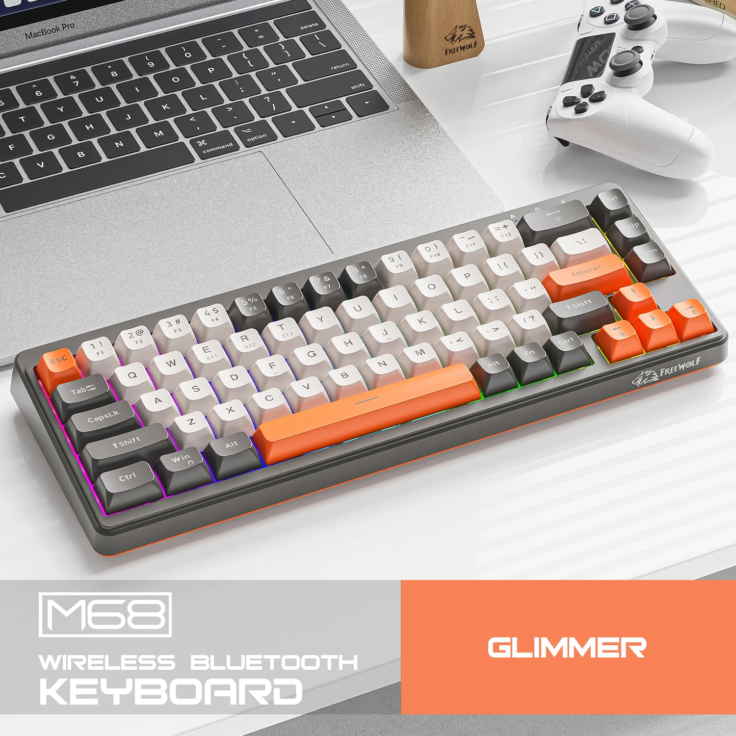 

M68 Wireless Bluetooth Keyboard,FREEWOLF 68-key Tri-mode Connection,PBT keycaps,2000mA Long Battery Life,Multidevice Connection