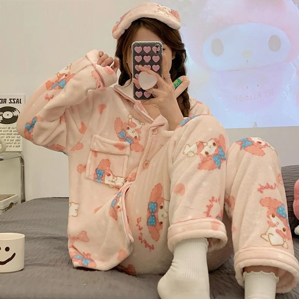 

Плюшевый пижамный комплект с рисунком «Мелодия Hello Kitty», 2 шт., Sanrioed, женские коралловые бархатные пижамы, кавайная весенняя домашняя одежда, утепленная милая одежда для девочек