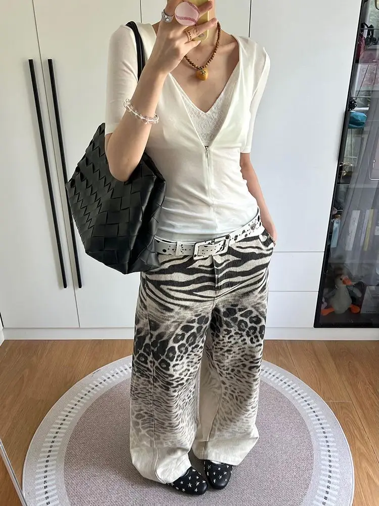 HOUZHOU Vintage Luipaardprint Baggy Jeans Vrouwen Hip Hop Y2k Rechte Denim Broek Amerikaanse Retro Oversized Streetwear Jeans