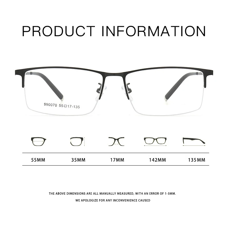 New Fashion Luxury Business Glasses Ultra Light Alloy Eyewear Half-Frame Big Size Men\'s Optical Prescription Eyeglasses 990070