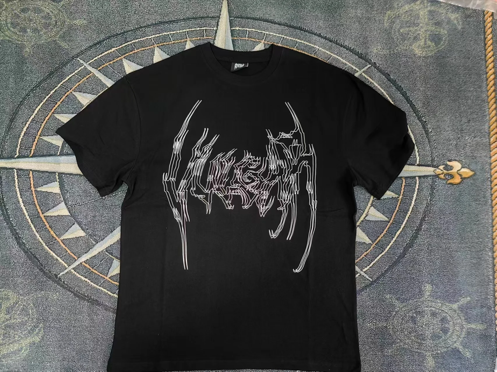 

Motorcycle God's Eye Back Foam Printed Short-Sleeved Pure Cotton Men's and Women's Black and White Summer New Product
