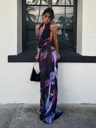 Backless Maxi Dress Women Sexy Purple Print Halter Bodycon Dress Summer Beach Outfits Elegant Sleeveless Club Party Dress 2024