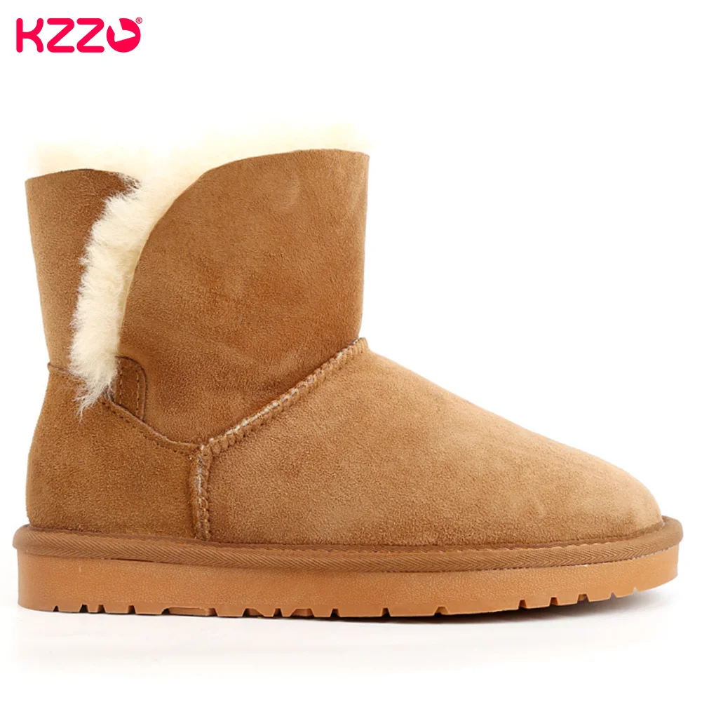 KZZO New Women Australia Sheepskin Leather Short Snow Boots Natural Wool Fur Lined Fashion Ankle Winter Warm Shoes Non-slip