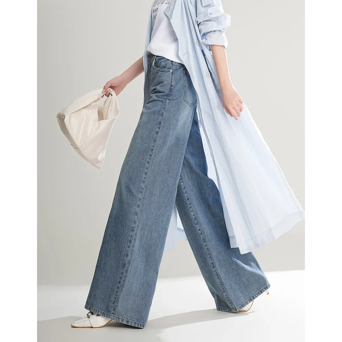 One-button Retro Washed Long Jeans 2025 Spring High-waisted Wide-legged Non-stretch Straight Women's Casual Denim Pants