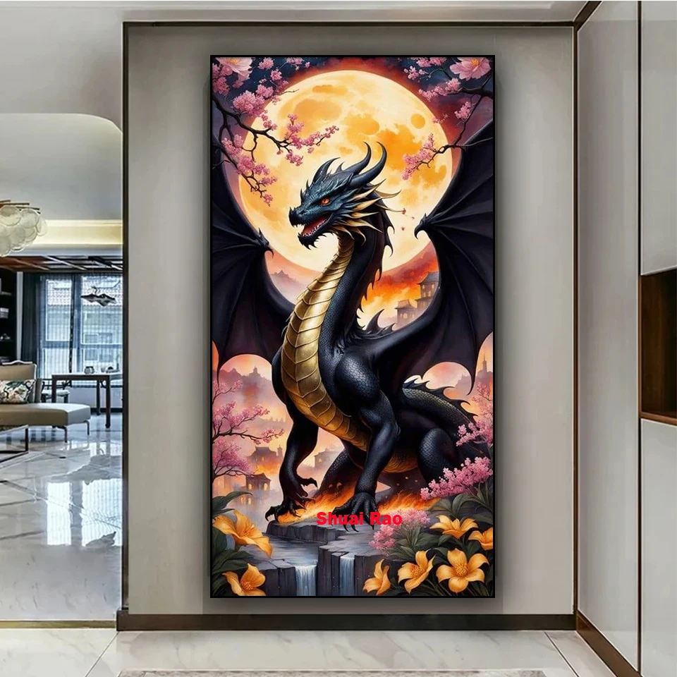 

Gothic Black Dragon DIY Diamond Painting cross stitch full square round diamond embroidery mosaic painting Large Animal Wall Art