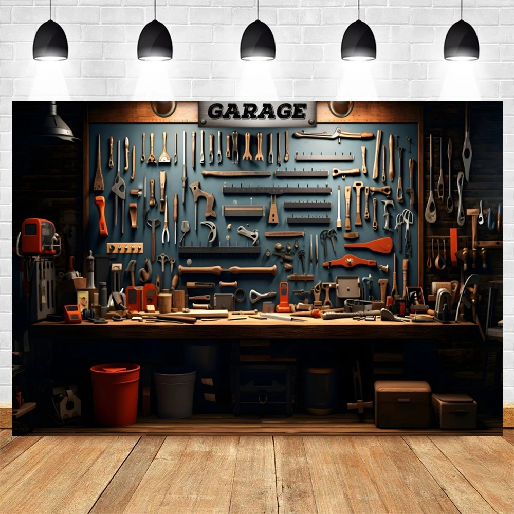 Vintage Garage Backdrop for Photography Car Repair Tools Wood Wall Workshop Warehouse Background Mechanic Party Decor Props