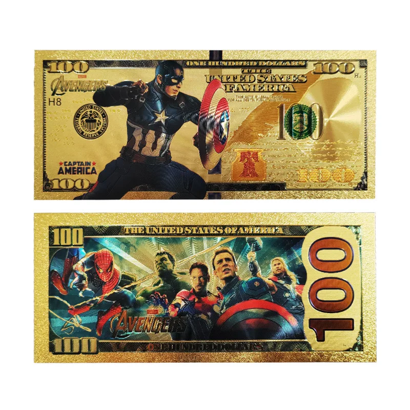 Disney Marvel Super Hero Series Anime Ironman Captain America Gold foil plastic Banknote Collection Movie prop golden bills card