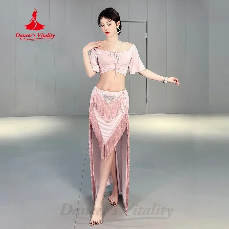 Belly Dancing Practice Clothes Sexy Flared Sleeve Top+Tassel Long Skirt 2pcs Adult Oriental Dance Professional Training Clothing