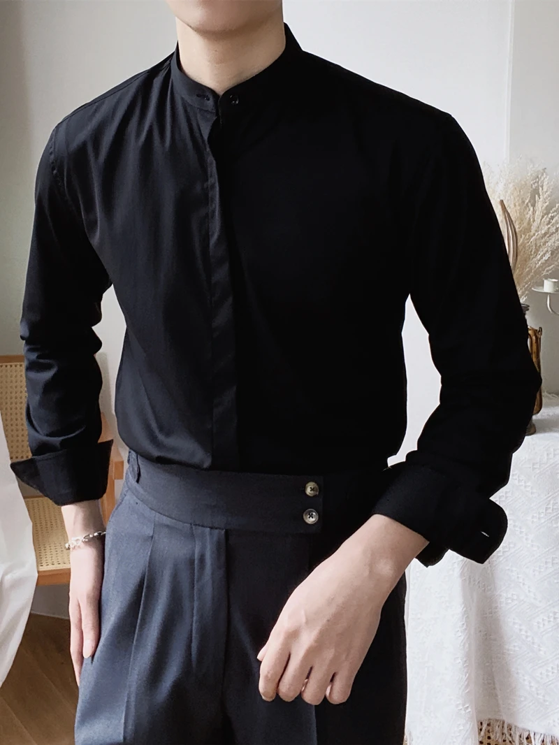 Casual retro Zhongshan collar Italian slim-fit versatile no-iron stand-up collar shirt