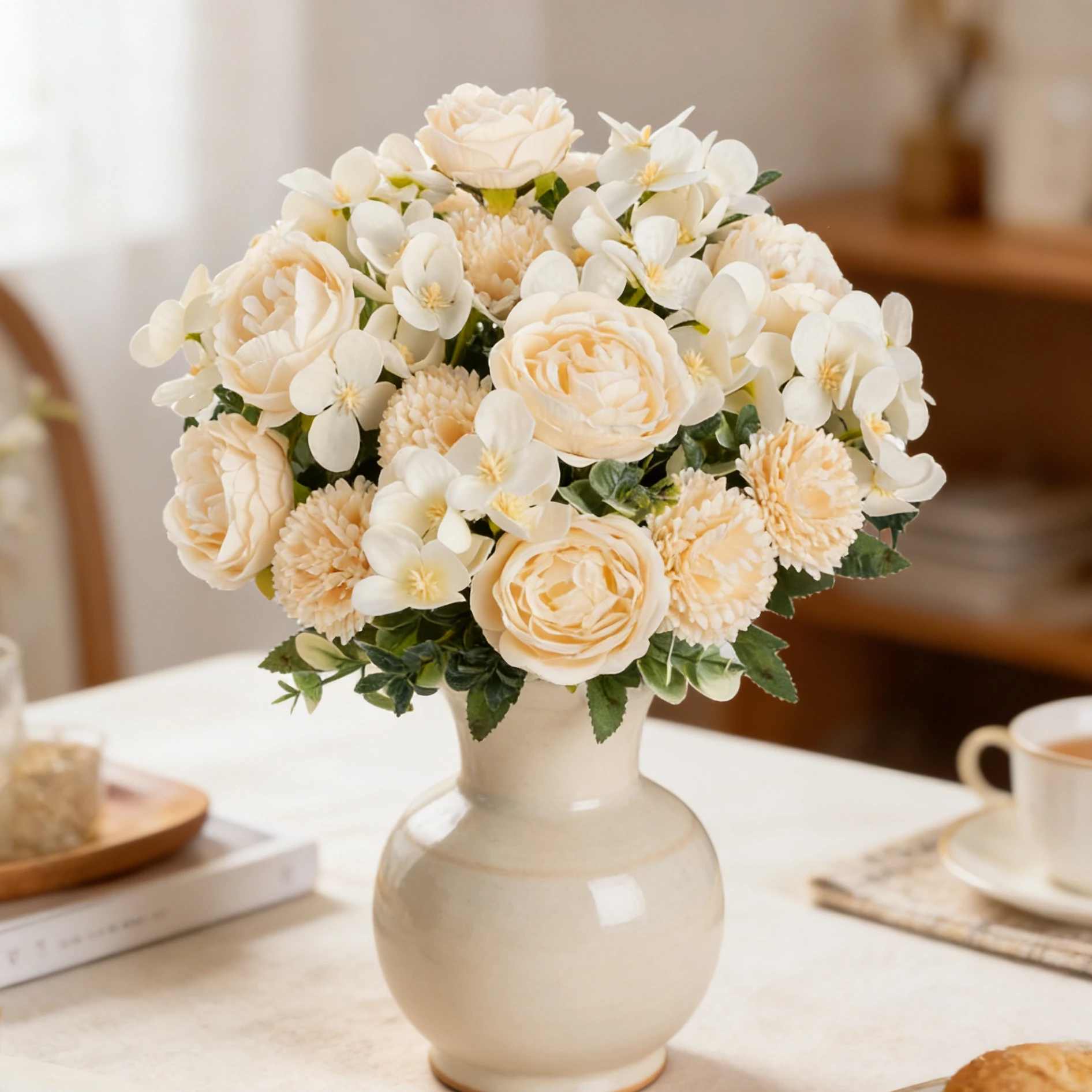 Künstliche Seiden-Pfingstrosen und Chrysanthemen für Garten, Party, Hochzeit, Brautsträuße, Esstisch-Dekoration, Vasen und DIY-Geschenke