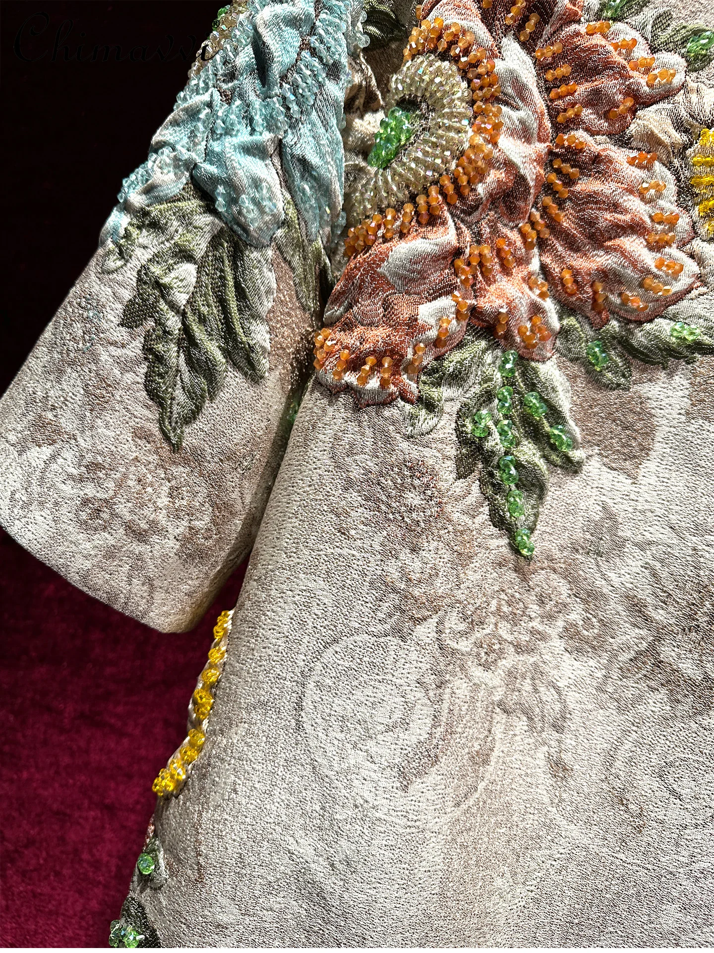 무거운 비즈 장식 자카드 중간 길이 코트 가을 겨울 신상 고급 패션 라운드 넥 루즈 우아한 레트로 트렌치 코트