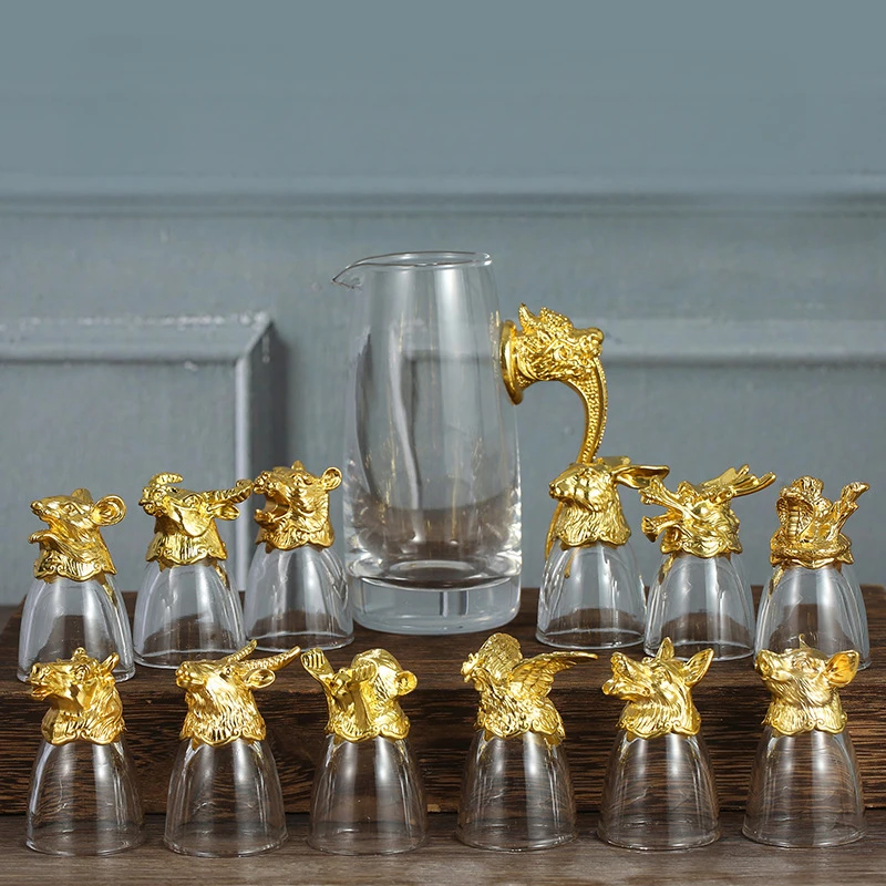 

High-end 12 Chinese Zodiac Animal Head Liquor Glass Set Crystal Glass Liquor Set Small Wine Glass One Mouth Cup Household