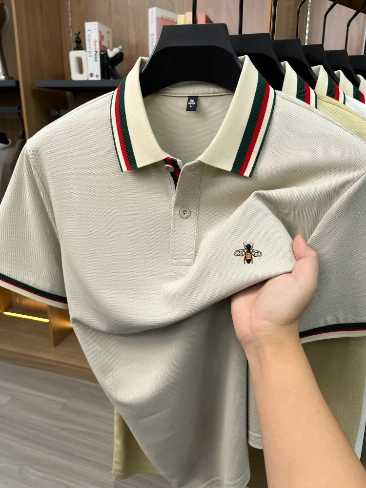 High-End Seide Baumwolle Kurzarm Herren POLO Shirt Sommer Mode Marke Boutique Bienen Stickerei Freizeit Business Flip-up T-Shirt – Detail 28