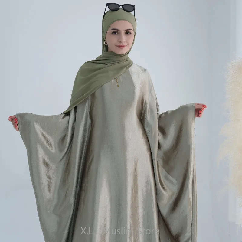 Shiny Batwing Abaya Simple Female Dress Inside Belt Elegant Glossy Muslim Party Dresses 2024 Dubai Kaftan Kebaya Robe Clothing