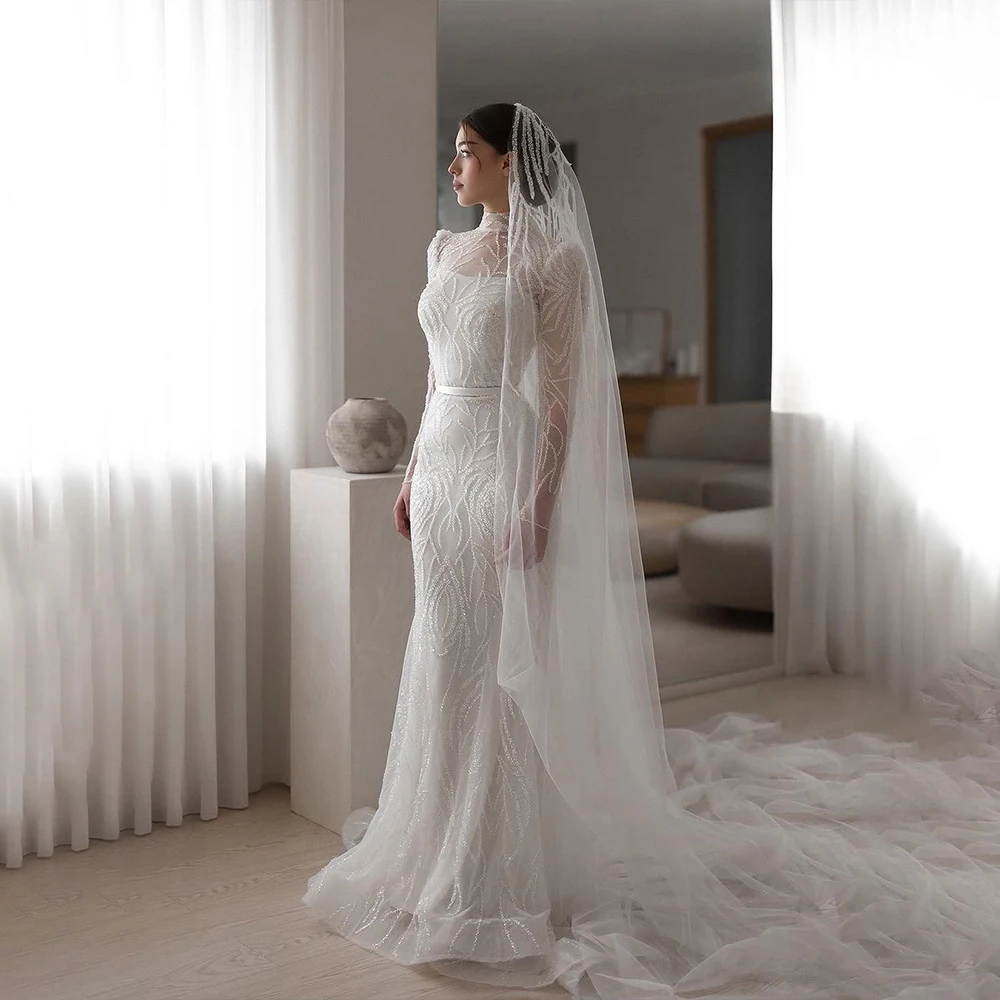 

Luxury Wedding Dresses High Neck Long Sleeve Mermaid Brides Dress Detachable Train Lace Bridal Gown Customized vestidos de novia