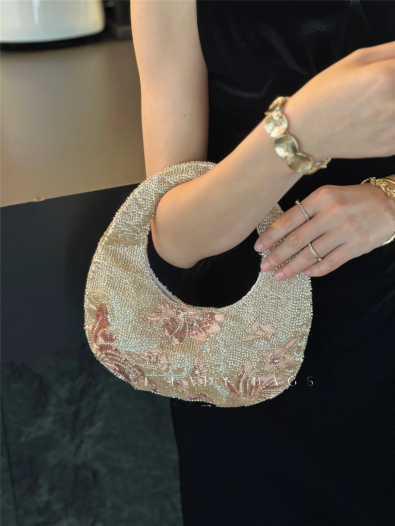 Elegant Embroidered  Shoulder Bag Women's Crossbody Handbag Moon Shape Modern Neutral Style Magnetic Clasp Closure