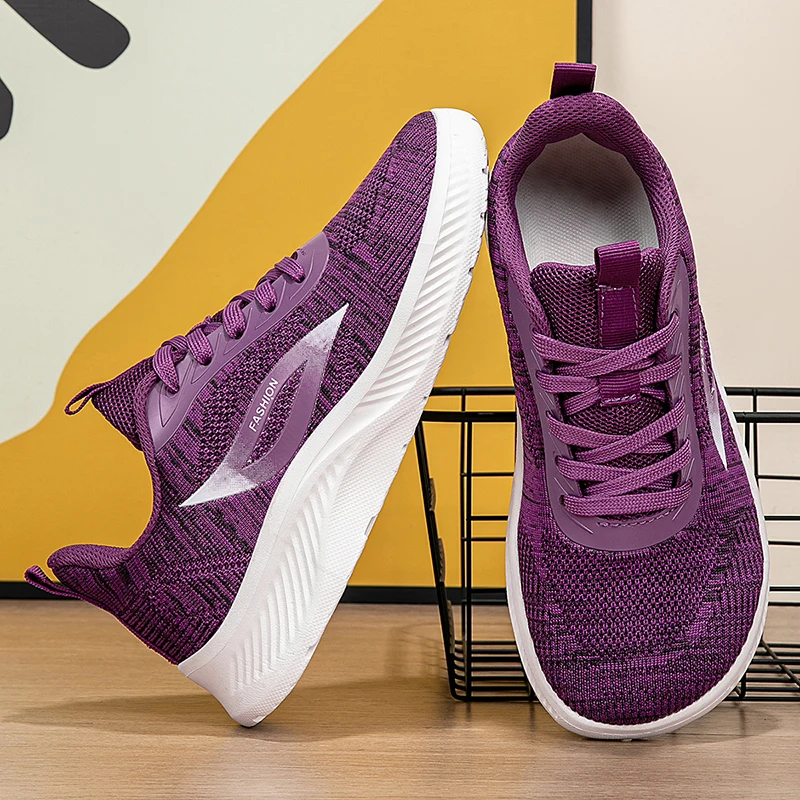 

2025 Autumn purple Knitted Shoes woman breathable lightweight sports running shoes walking shoes for old lady antiskid sneakers
