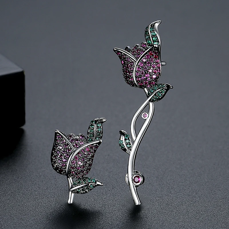 LUOTEEMI New Fancy Cubic Zirconia Material Earrings Charming Asymmetry Rose Flower Jewelry for Women Girls Daily Party Accessory