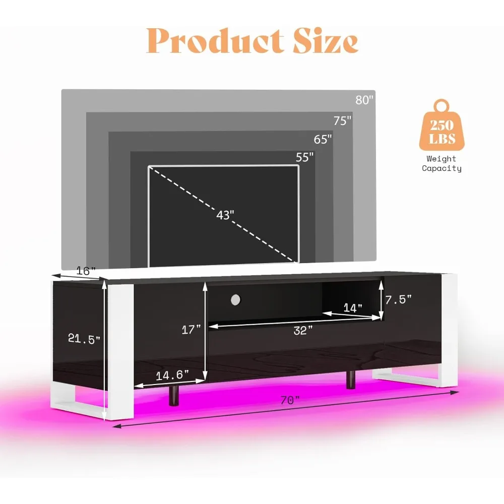 Meja TV AMERLIFE 70 inci dengan Lampu LED, Konsol TV Modern dengan Finishing High Gloss dan 2 Laci Penyimpanan untuk