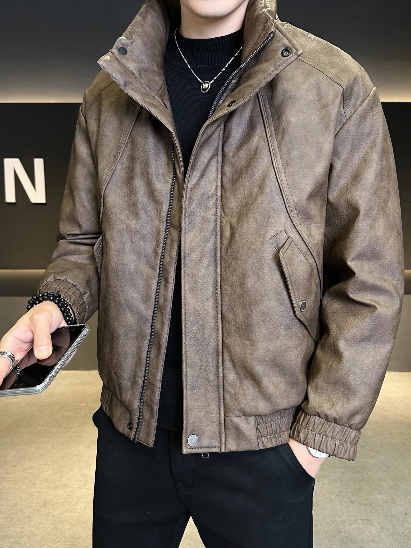 الرجال الجلود أسفل Jaet الأمريكية الرجعية Thiened الدافئة Du أسفل معطف التعادل صبغ الوقوف طوق الشتاء برهان ملابس خارجية #3