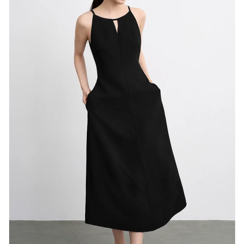 

Летнее новое простое элегантное черное длинное платье женское с круглым вырезом на бретельках для свадебной вечеринки модное трапециевидное платье высокого качества без рукавов