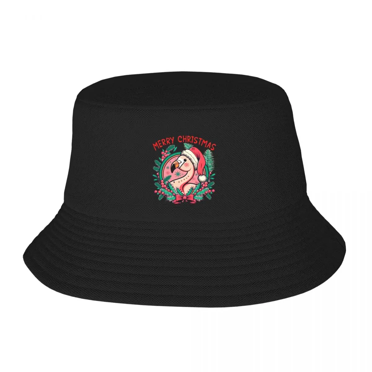 

Cute pink flamingo wearing a christmas' hat and surrounded by christmas things Bucket Hat Rugby Hip Hop Cap For Women Men's