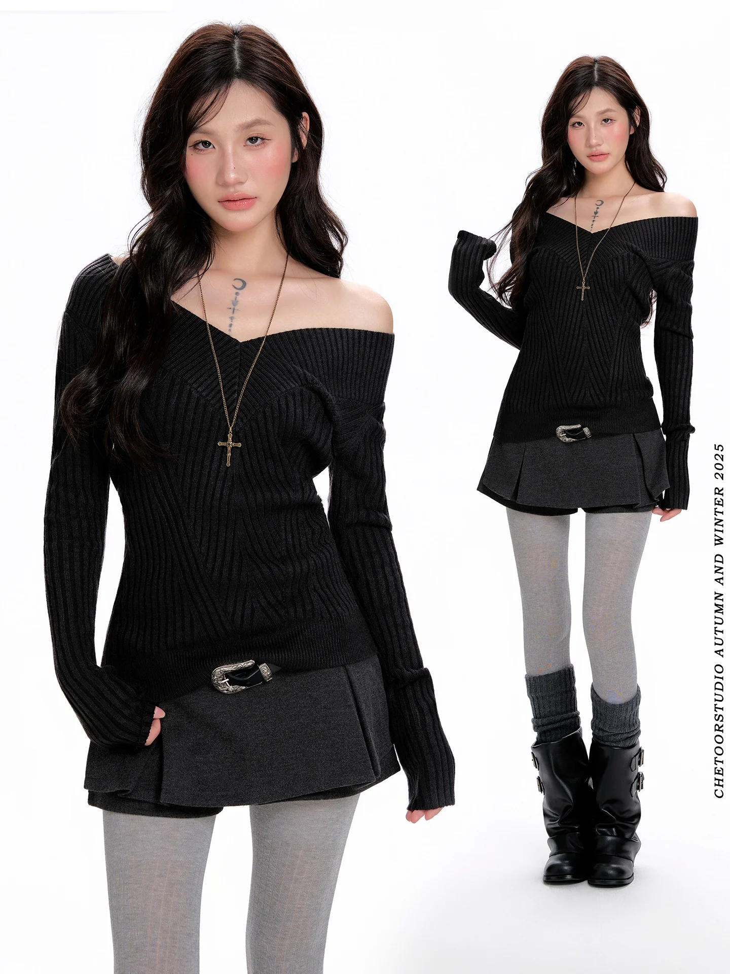 

Bla вязаный облегающий женский свитер с V-образным вырезом и очками, повседневный длинный свек, осенне-зимний топ Faion Sensation