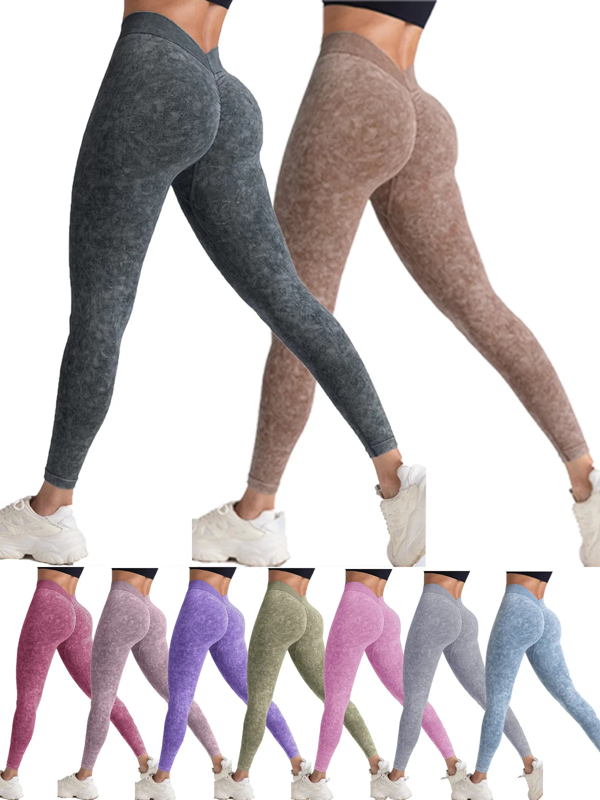 Pantalones de yoga ajustados esmerilados lavados en la cadera de melocotón con espalda en V y cintura en V ampliada de alta elasticidad sin costuras deportivos