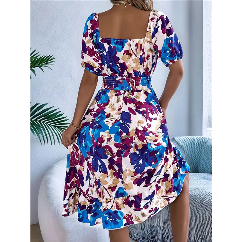 ABP-Vestiti casual estivi da donna 2025 Abito longuette smock floreale Boho con maniche a sbuffo e collo quadrato a trapezio
