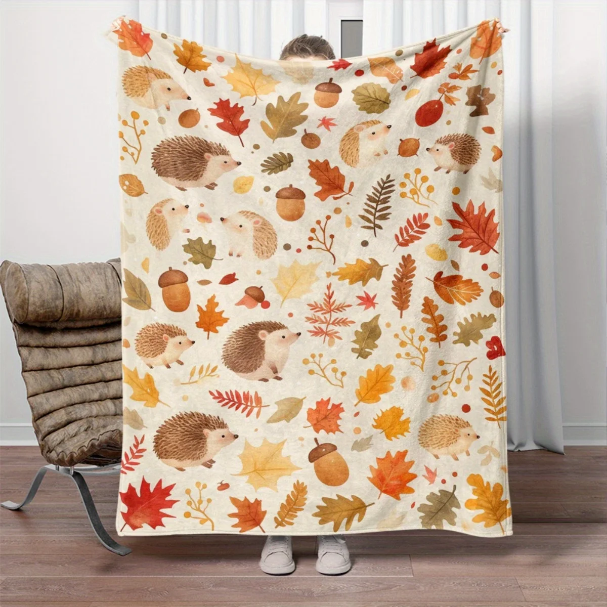 

1pc All-Season Cozy Flannel Throw Blanket - Soft Warm Lightweight Bedspread with Hedgehog & Autumn Leaves Print in Beige