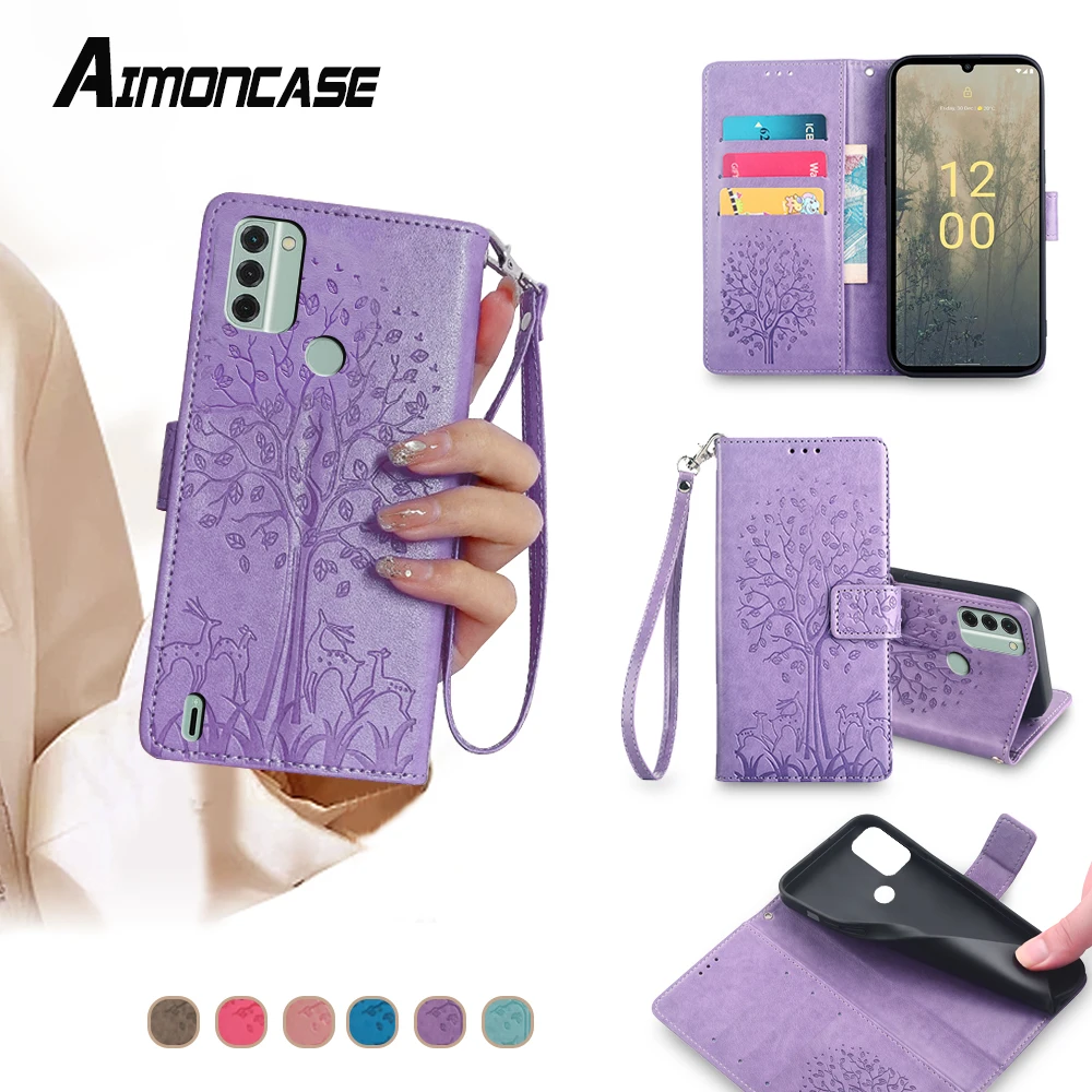 Embossed Solid Color Tree and deer motifs Flip Cover For Nokia G42 G22 G11 Plus C10 C20 C22 C31 C32 Magnetic Buckle Leather Case