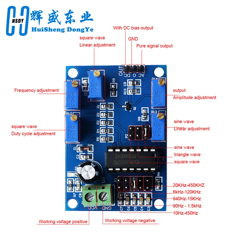アイバードサインシグナルジェネレーターモジュール、低中規模周波数ソース、三角角角、icl8038、10hz-450khz、12v-15v