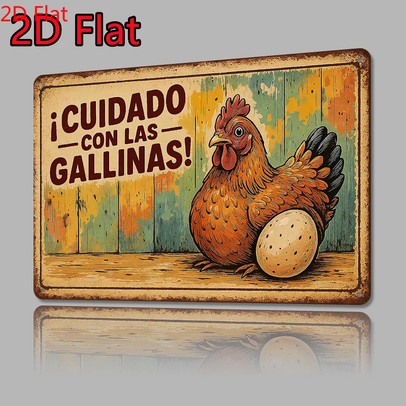 2D Flat Vintage Spanish Chicken Warning Iron Sheet Wall Art Farmhouse Hen & Egg Wall Decor, Rustic Country Outdoor Sign view 3