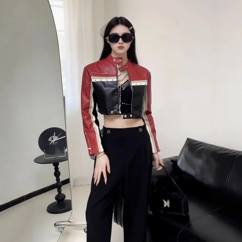 

Women's Leather Jacket Stand Collar PU Leather Short Style Contrasting Color Stitching Custom Pattern Spicy Style