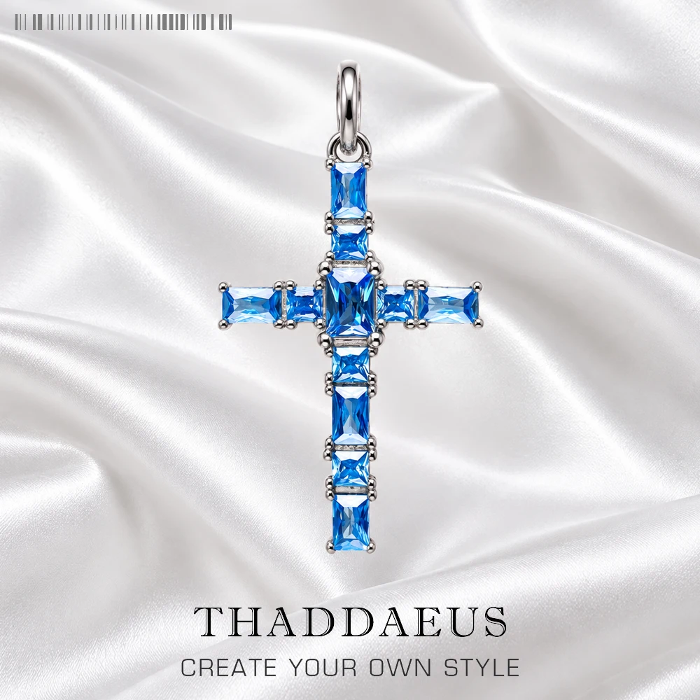 Pendant Cross with Aquamarine Stones Brand New Fine Jewelry 925 Sterling Silver Accessories Romantic Gift For Woman
