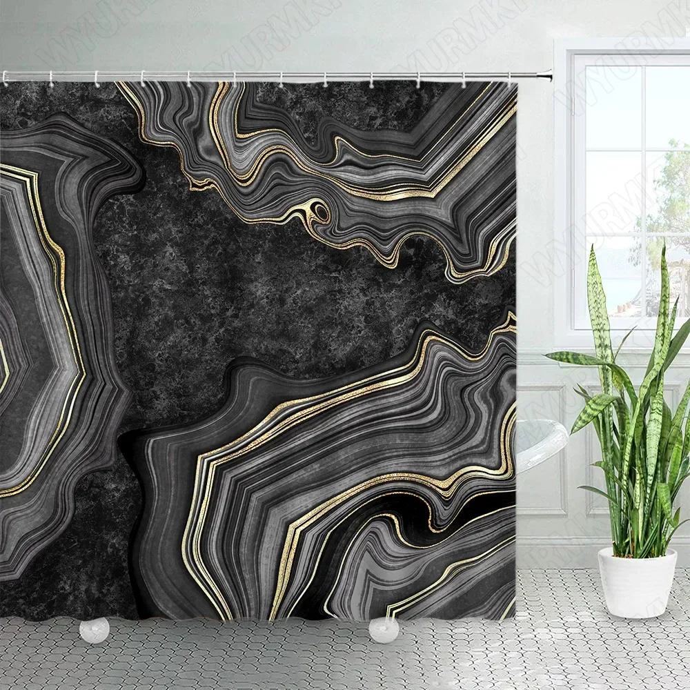 Abstract Black Marble Shower Curtains Golden Ripple Lines Creative Design Geometric Bath Curtain Modern Cloth Bathroom Decor Set