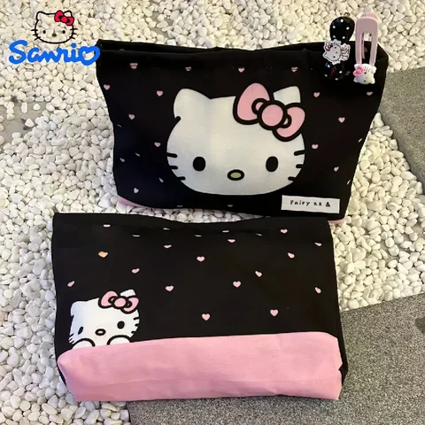 Söt Sanrio Svart Rosa Hello Kitty Tecknad Kosmetikväska Anim Bärbar Canvas Resetillbehör Förvaringsväska Stor Myntväska 8 best sales svart Hello Kitty-väska - №8