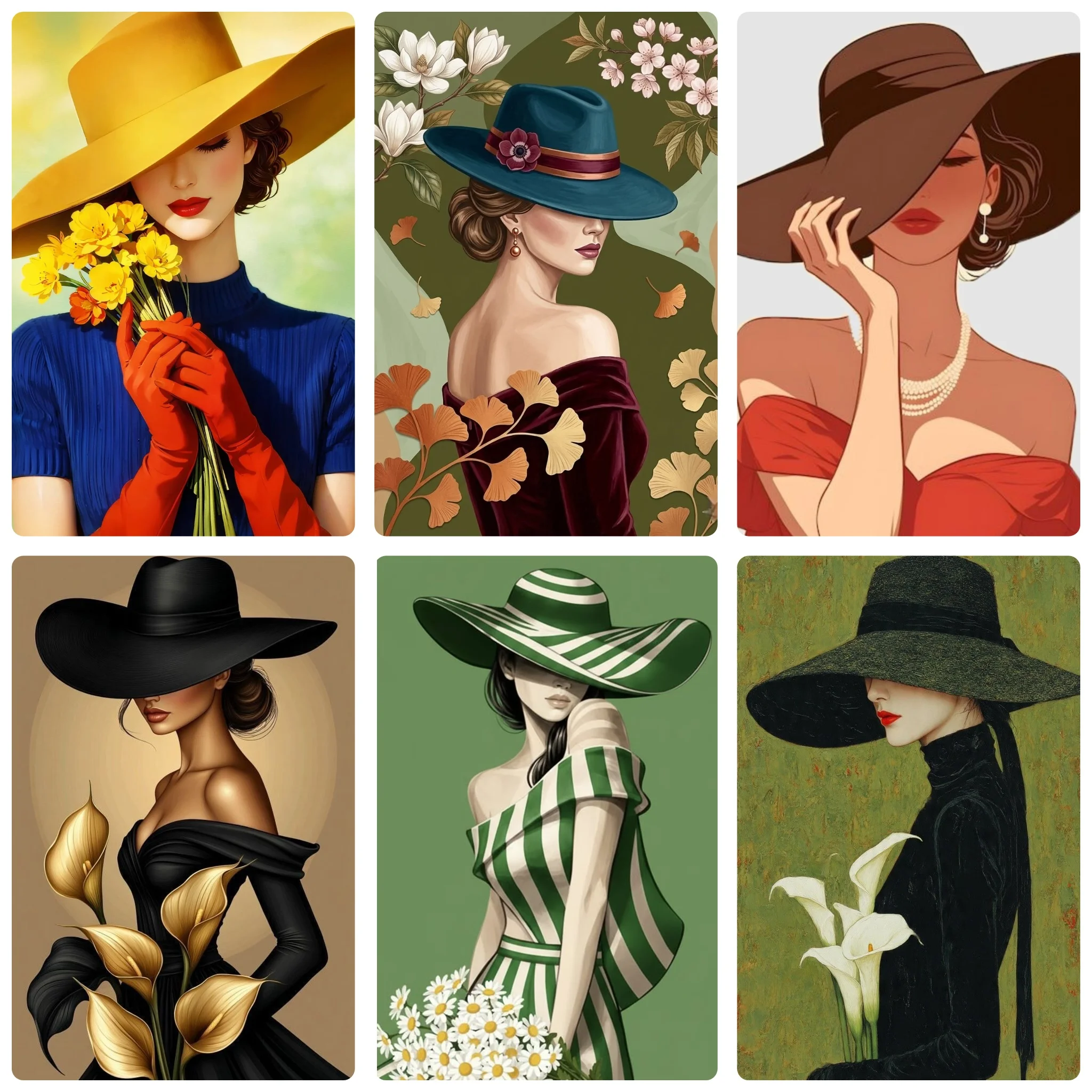 Vintage Fashion Hats - DIYヴィンテージエレガントレディダイヤモンドペインティング、広いつばの帽子をかぶったファッショナブルな女性、リビングルームの壁飾り、手作りギフト