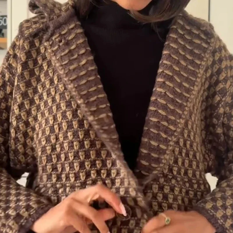 الرجعية المطبوعة سترة مشغولة من الصوف الإناث الشارع الشهير موضة التلبيب كم طويل سترة معطف الخريف جديد بلوزة فضفاضة غير رسمية