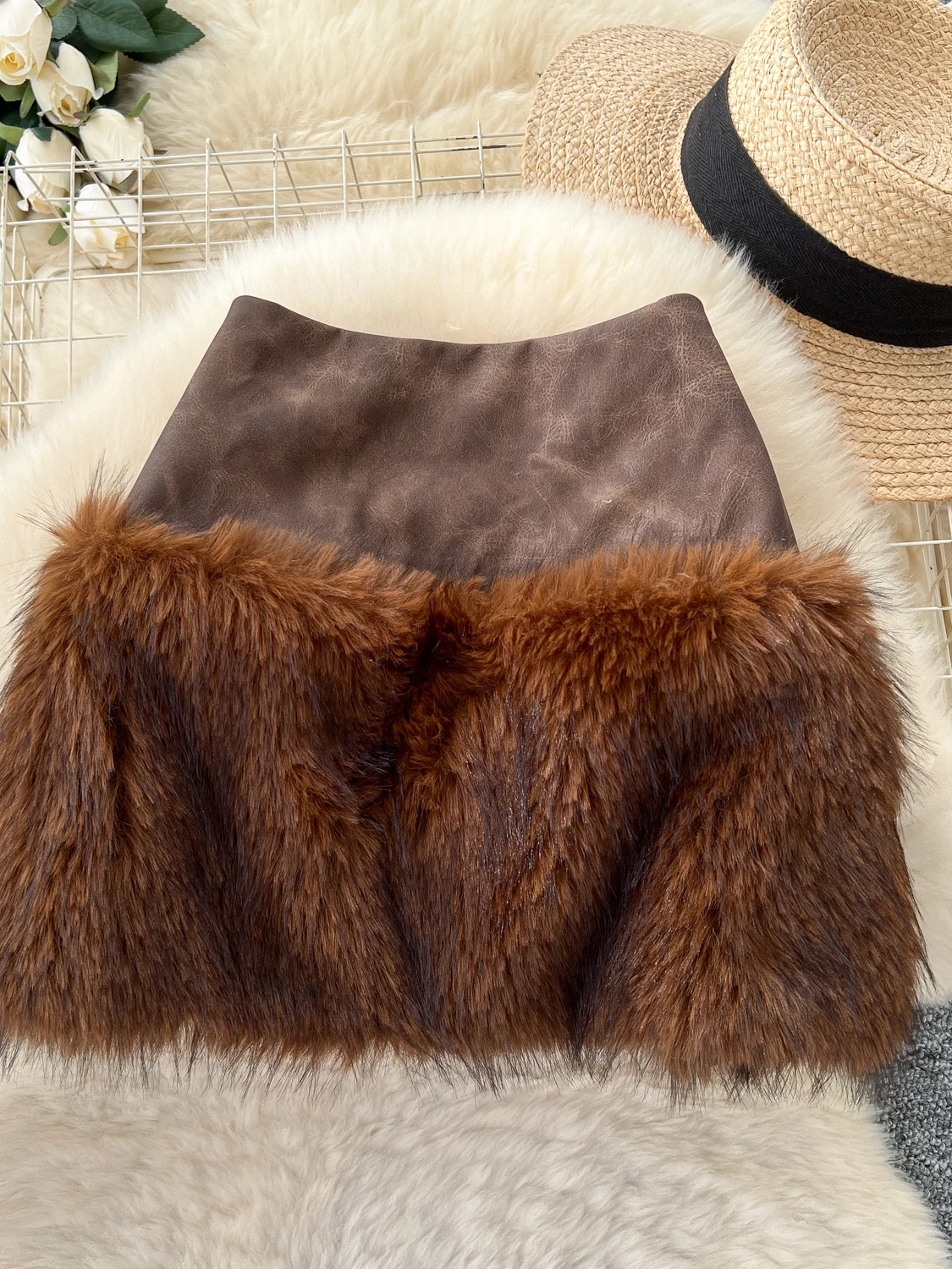 Retro American Brown Fur Splicing PU Leather A-Line  Skirt Women's High Waist Bodycon Short Skirt Pure Desirable Sexy Style
