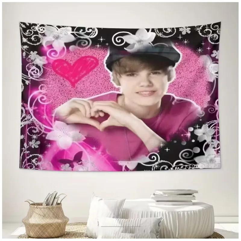 1 unidad de tapiz ZLIENSZUS Justin Bieber con diseño de corazón rosa y estrella, regalo para fans, ideal para dormitorio o dormitorio universitario.