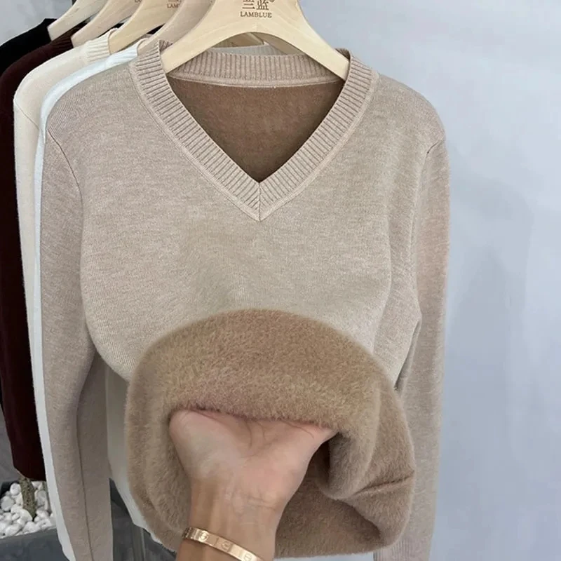 2026 Autumn Winter V Neck Sweater Women Thicke Slim Soft Knitted Tops Plus Velvet Long Sleeve Pullover Casual Warm Female Jumper
