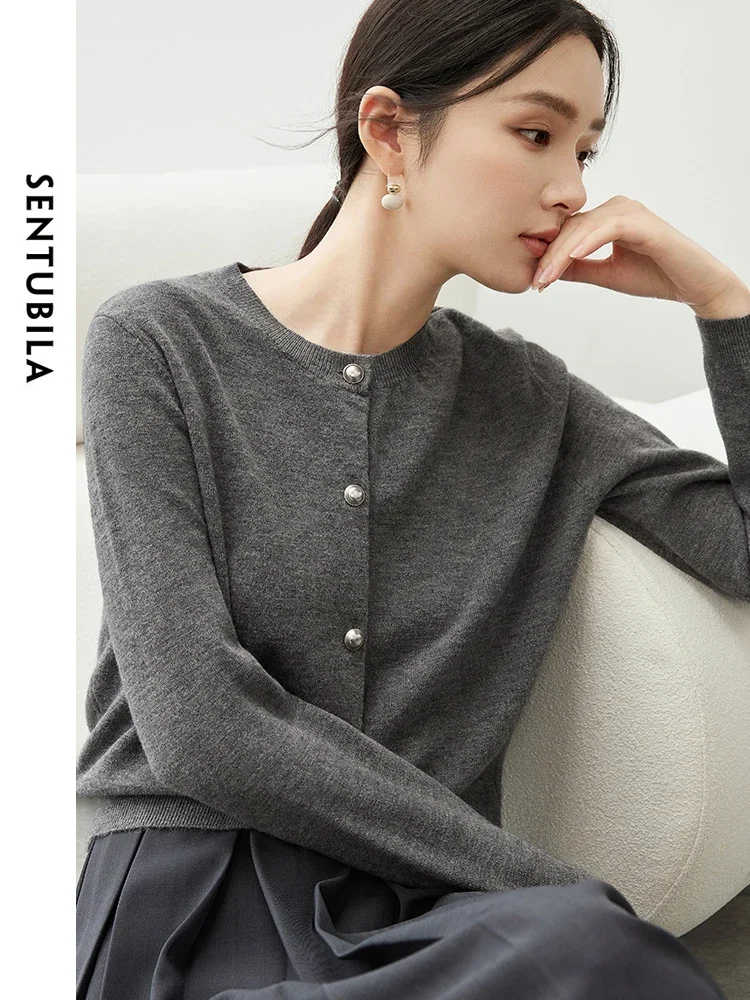 SENTUBILA Casual Loose Cardigan Women 2024 Autumn Solid Single Breasted Long Sleeve Round Neck Simple Basic Tops W43E56755