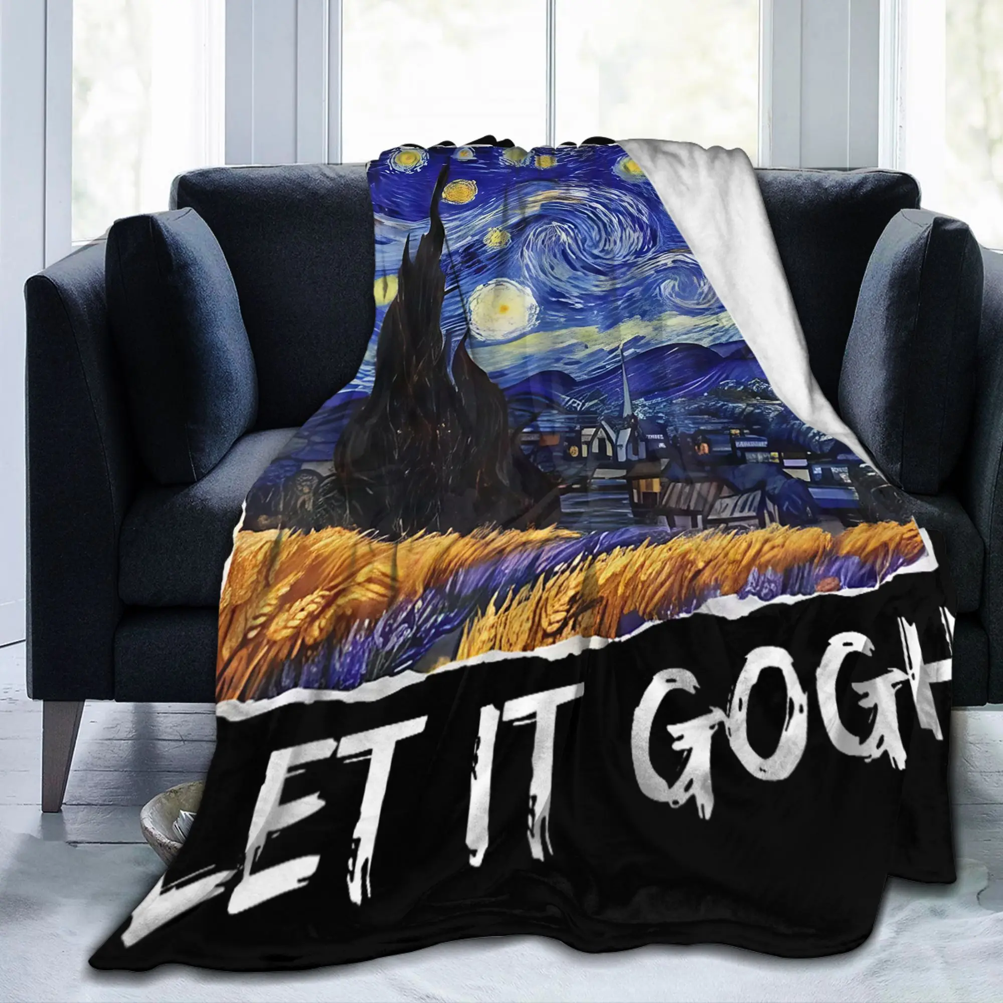 Let it Gogh Funny Vincent Van Gogh Starry Night Blanket Cover Painting Flannel Throw Blankets Bed Rug Piece Soft Multi-function