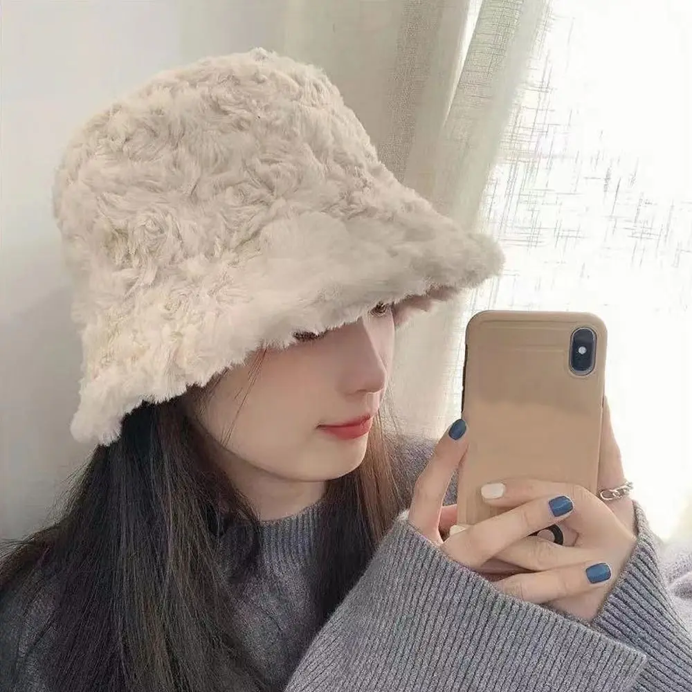 2023 Winter Faux Fur Bucket Hat Fluffy Thick Warm Fisherman Cap Women Casual Outdoor Soft Furry Panama Sun Cap For Girl Newest